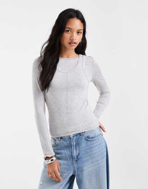 Vero Moda longsleeve t-shirt with vest overlay in light grey melange - view 1