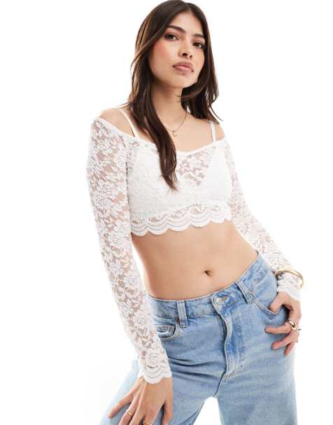 Vero Moda longsleeved lace cropped top in white - view 1
