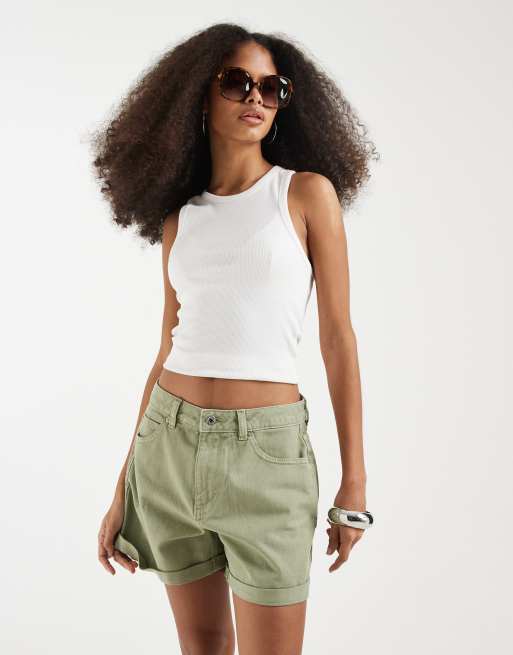 Vero Moda loose denim shorts with turn up in laurel green, 4 of 5