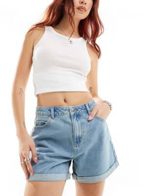 Vero Moda loose denim shorts with turn up in light blue