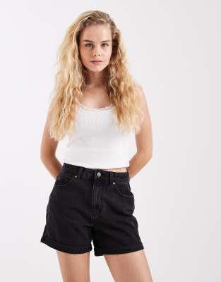 Vero Moda loose denim shorts with turn up in washed black