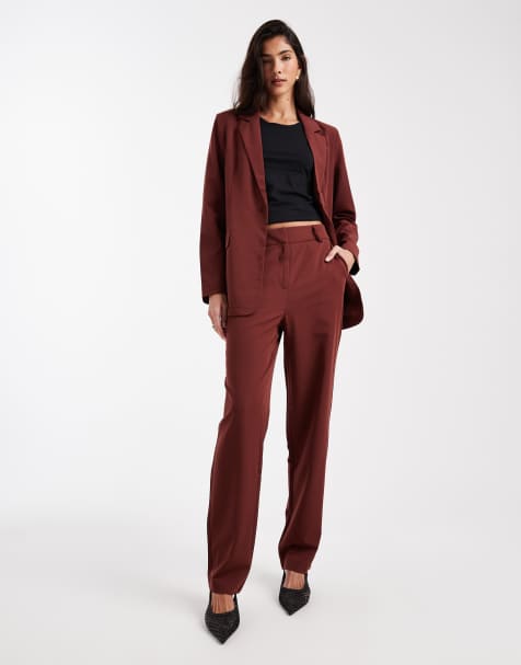 Vero Moda loose fit tailored blazer and straight leg pants set in burgundy - view 1