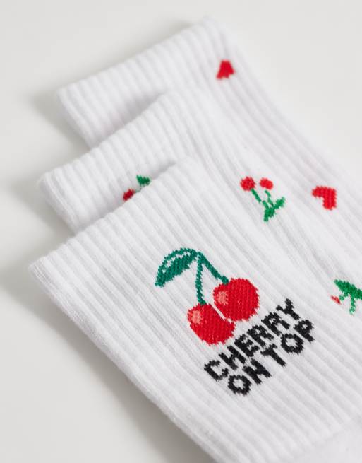 Vero Moda - Lot de 3 paires de chaussettes de sport à détails cerises - Blanc, 2 de 3