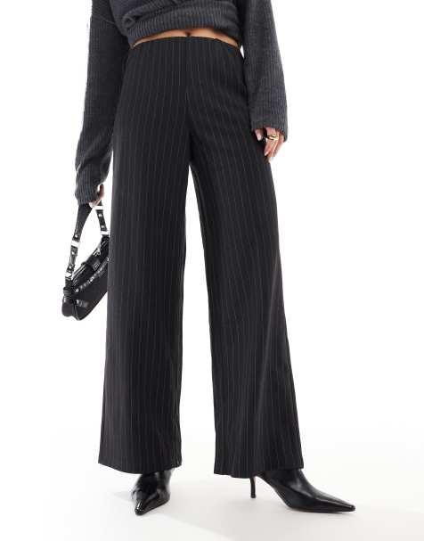 Vero Moda loose pull on wide leg trousers in black with oatmeal pinstirpe