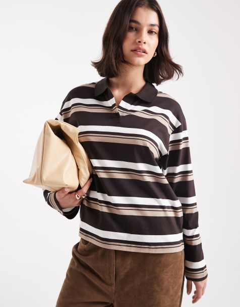 Vero Moda – Luźny top w stylu rugby w paski w kolorze brązowym, białym i beżowym - view 1