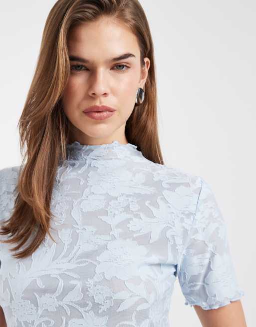 Vero Moda - Lyseblå gennemsigtig T-shirt med burnout-blomstermønster, 3 af 4