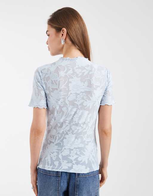 Vero Moda - Lyseblå gennemsigtig T-shirt med burnout-blomstermønster, 4 af 4