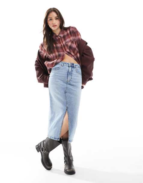 Vero Moda - Lyseblå midinederdel med bindebånd i taljen i denim - view 1