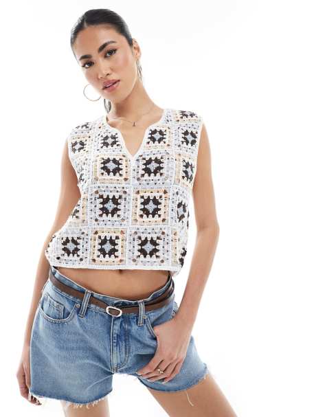 Vero Moda -Lyseblå og cremehvid cropped top med firkantede hæklinger - view 1