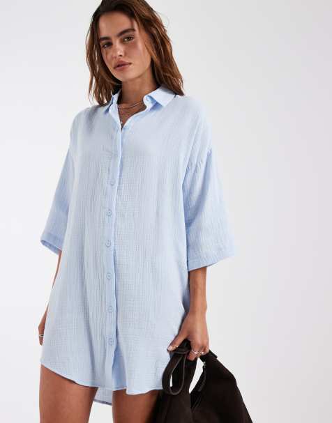 Vero Moda - Lyseblå oversized skjortekjole i tekstureret ostelærred - view 1
