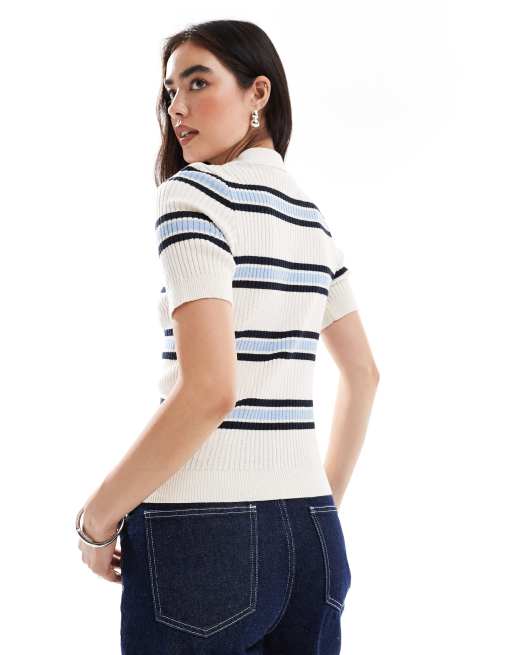 Vero Moda - Lyseblå ribstrikket kortærmet rugby-polo med striber, 4 af 4