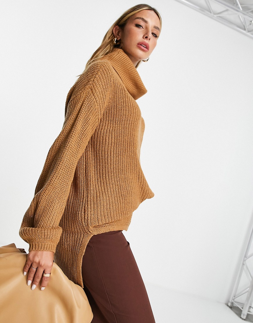 Vero Moda - Lysebrun longline-trøje i uldblanding med rullekrave-Neutral