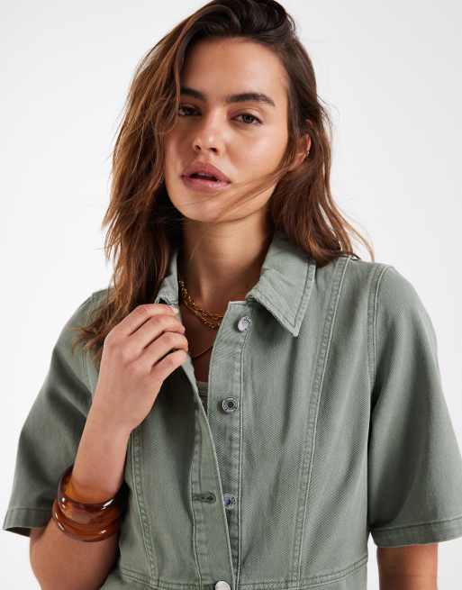 Vero Moda - Lysegrøn forvasket minikjole i denim med svaj og knapper foran, 2 af 4