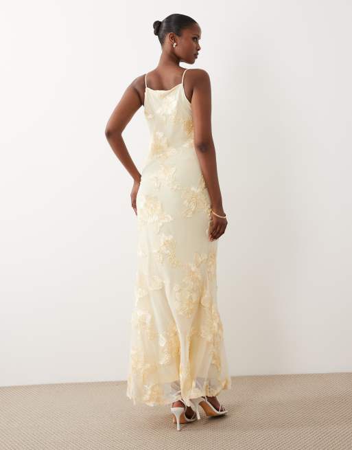 Vero Moda - Lysegul cami-maxikjole med tone-i-tone-blomsterbroderi, 3 af 4