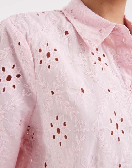 Vero Moda - Lyserød skjorte i broderie anglaise-materiale med firkantet pasform - Del af sæt, 3 af 4
