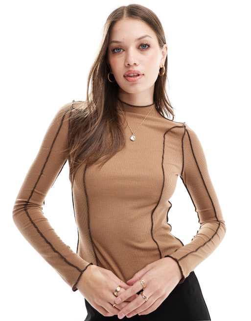 Vero Moda - Maglietta marrone a maniche lunghe con cuciture a contrasto