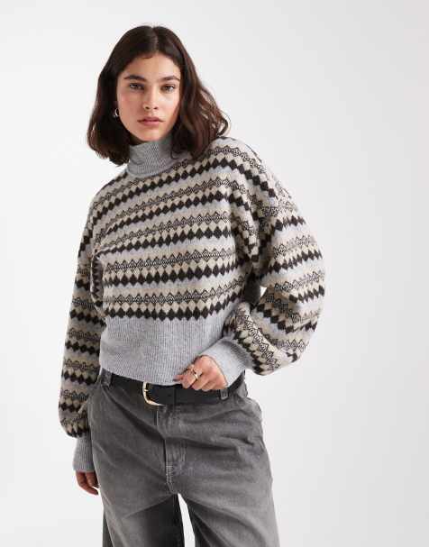 Vero Moda - Maglione accollato tonalità neutra a rombi con maniche a campana - view 1