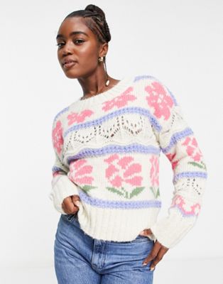 Vero Moda floral stripe jumper in cream  - ASOS Price Checker