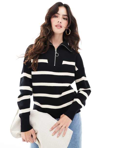 Vero Moda - Maglione con zip nero con righe color crema - view 1