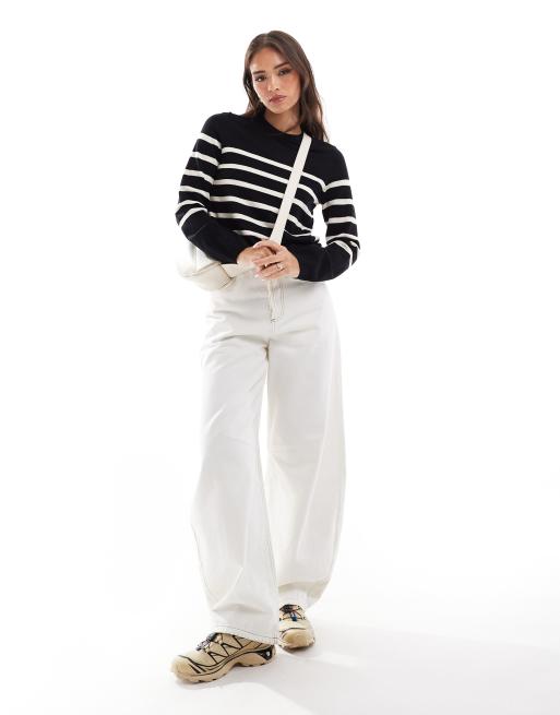 Vero Moda - Maglione girocollo nero con righe color crema, 3 di 4