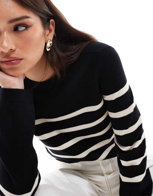 Vero Moda - Maglione girocollo nero con righe color crema, 4 di 4