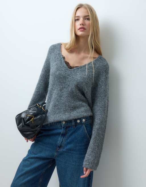 Vero Moda maglione in maglia con scollo a V e dettaglio in pizzo grigio, 1 di 4