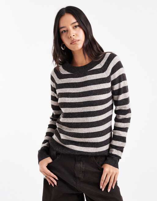 Vero Moda - Maglione lavorato a righe color cioccolato e beige mélange con scollo rotondo