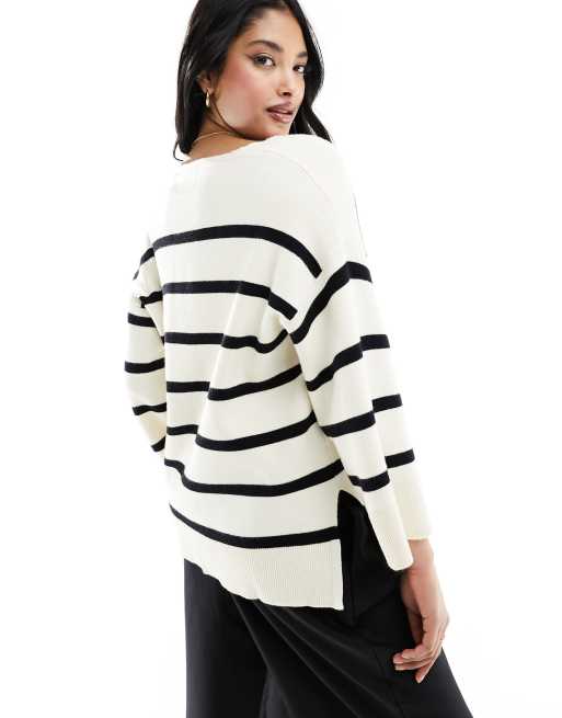 Vero Moda - Maglione morbido a righe bianche e nere con scollo a V, 4 di 4