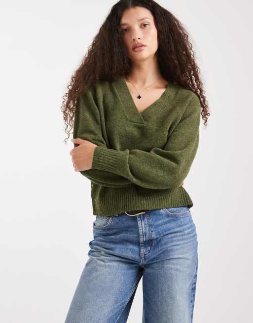 Vero Moda - Maglione morbido oversize color verde mélange con scollo a V