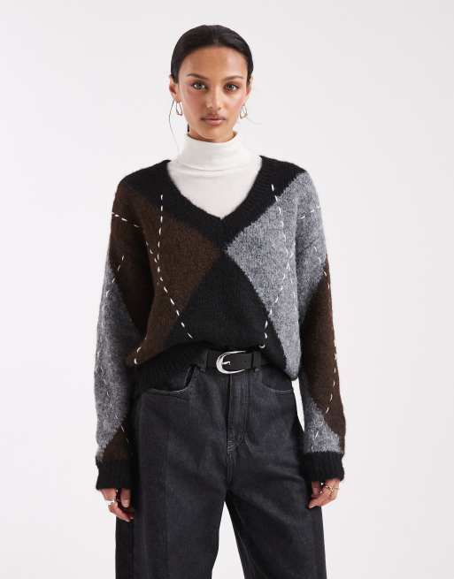 Vero Moda - Maglione nero e marrone cioccolato con motivo a rombi e cuciture a vista, 2 di 4