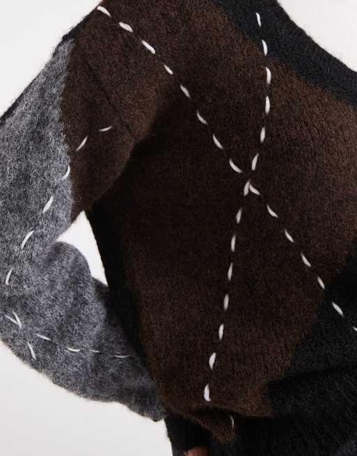Vero Moda - Maglione nero e marrone cioccolato con motivo a rombi e cuciture a vista, 3 di 4