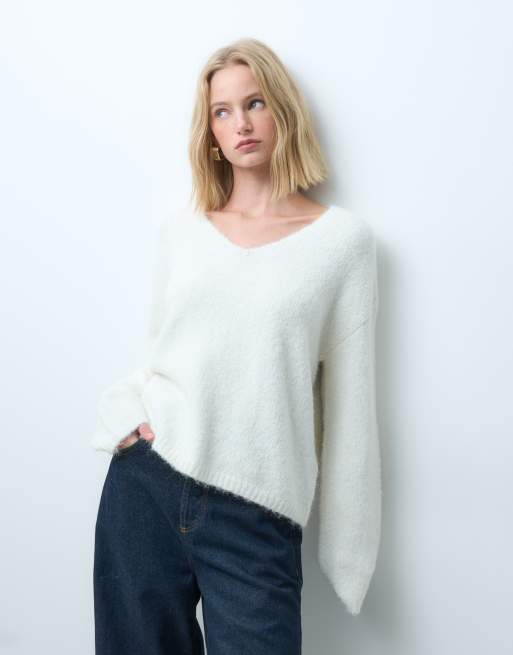 Vero Moda maglione oversize morbido in maglia con scollo a V color crema, 1 di 4