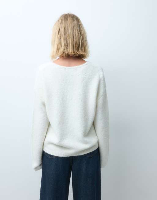 Vero Moda maglione oversize morbido in maglia con scollo a V color crema, 4 di 4