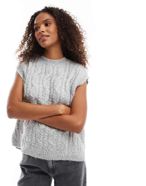 Vero Moda - Maglione senza maniche grigio chiaro lavorato a trecce - view 1
