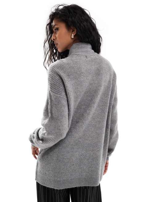 Vero Moda - Maglione taglio lungo grigio medio mélange con zip sul davanti, 4 di 4