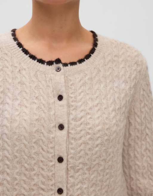 Vero Moda Mai ribbed crew neck knitted cardigan in beige, 4 of 5