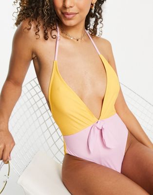Vero Moda colourblock swimsuit in lilac and yellow - ASOS Price Checker