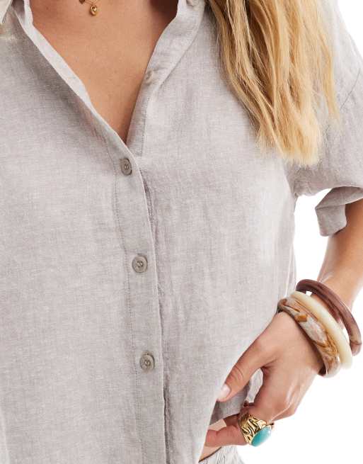 Vero Moda – Månstensfärgad skjorta i kort design med boxig passform och linnekänsla, del av set, 3 av 4