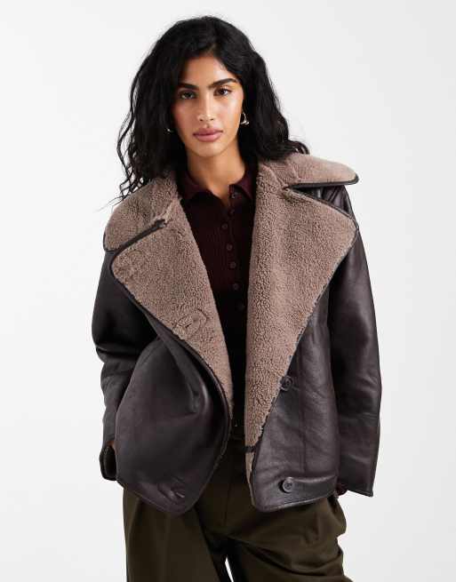 Vero Moda - Manteau en similicuir avec col imitation peau de mouton - Marron chocolat, 2 de 4