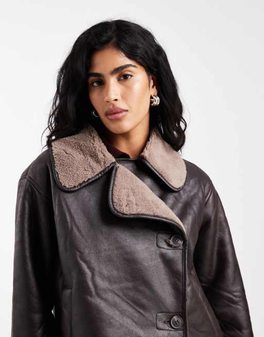 Vero Moda - Manteau en similicuir avec col imitation peau de mouton - Marron chocolat, 3 de 4
