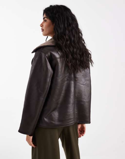 Vero Moda - Manteau en similicuir avec col imitation peau de mouton - Marron chocolat, 4 de 4