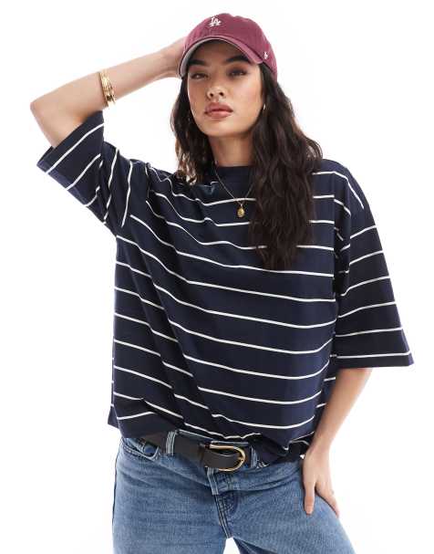 Vero Moda – Marinblå, randig t-shirt med hög ringning och sänkt axelsöm - view 1