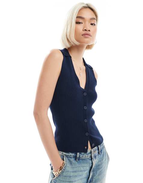 Vero Moda – Marinblå ribbstickad pikétopp utan ärmar - view 1