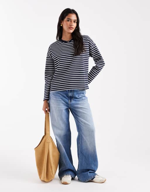 Vero Moda - Marineblå- og hvidstribet oversized T-shirt med lange ærmer, 3 af 4