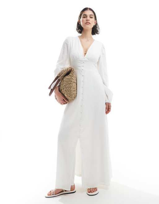 Vero Moda – Marszczona biała bawełniana sukienka maxi w stylu boho z obszernymi rękawami z obcisłym mankietem