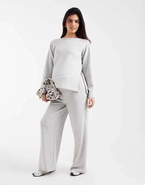 Vero Moda Maternity boat neck long sleeve top and wide leg trouser set in light grey - view 1