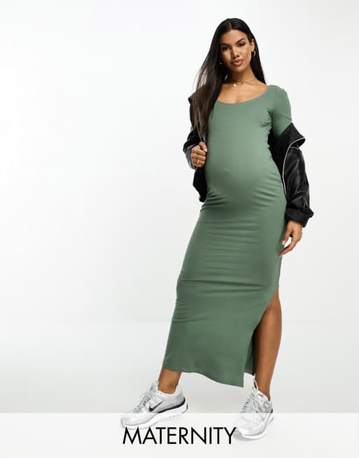 flåde flyde Oxide Vero Moda Maternity body-conscious midi dress with side splits in khaki |  ASOS