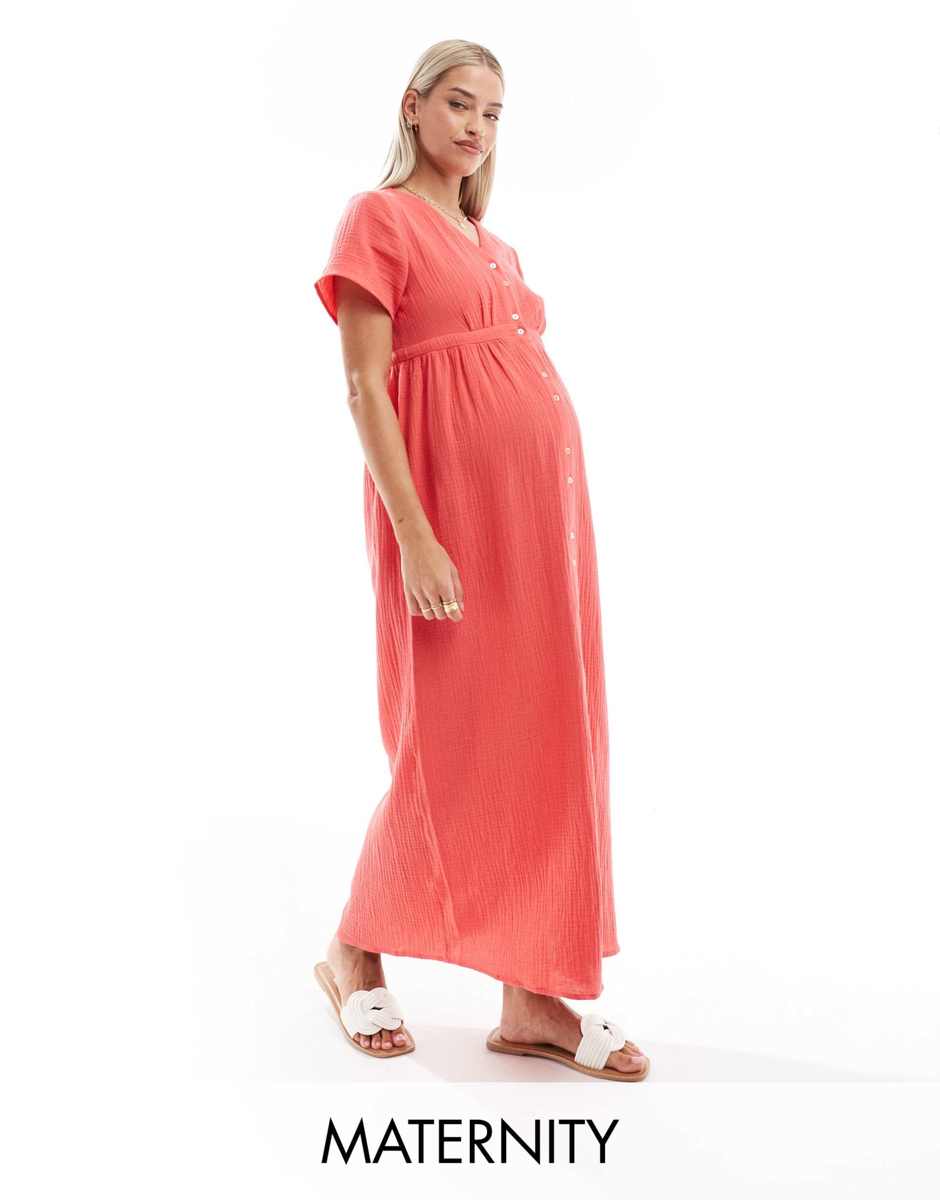 vero moda maternity buttondown midi dress in poppy red