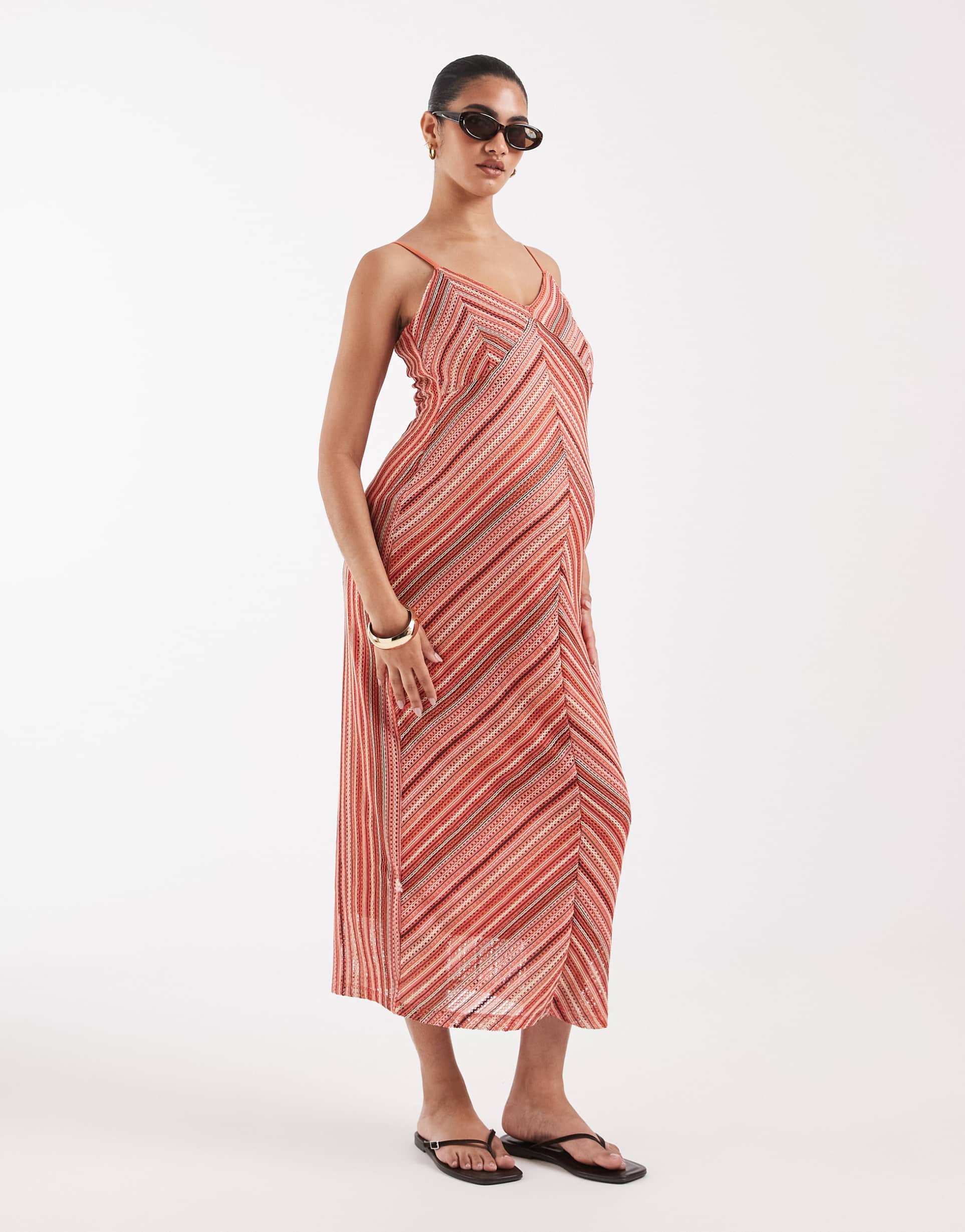 vero moda maternity chevron knit crochet cami midi dress in pink