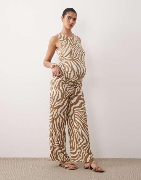 Vero Moda Maternity - Completo color betulla con stampa astratta composto da pantaloni e top in jersey senza maniche arricciato - view 1